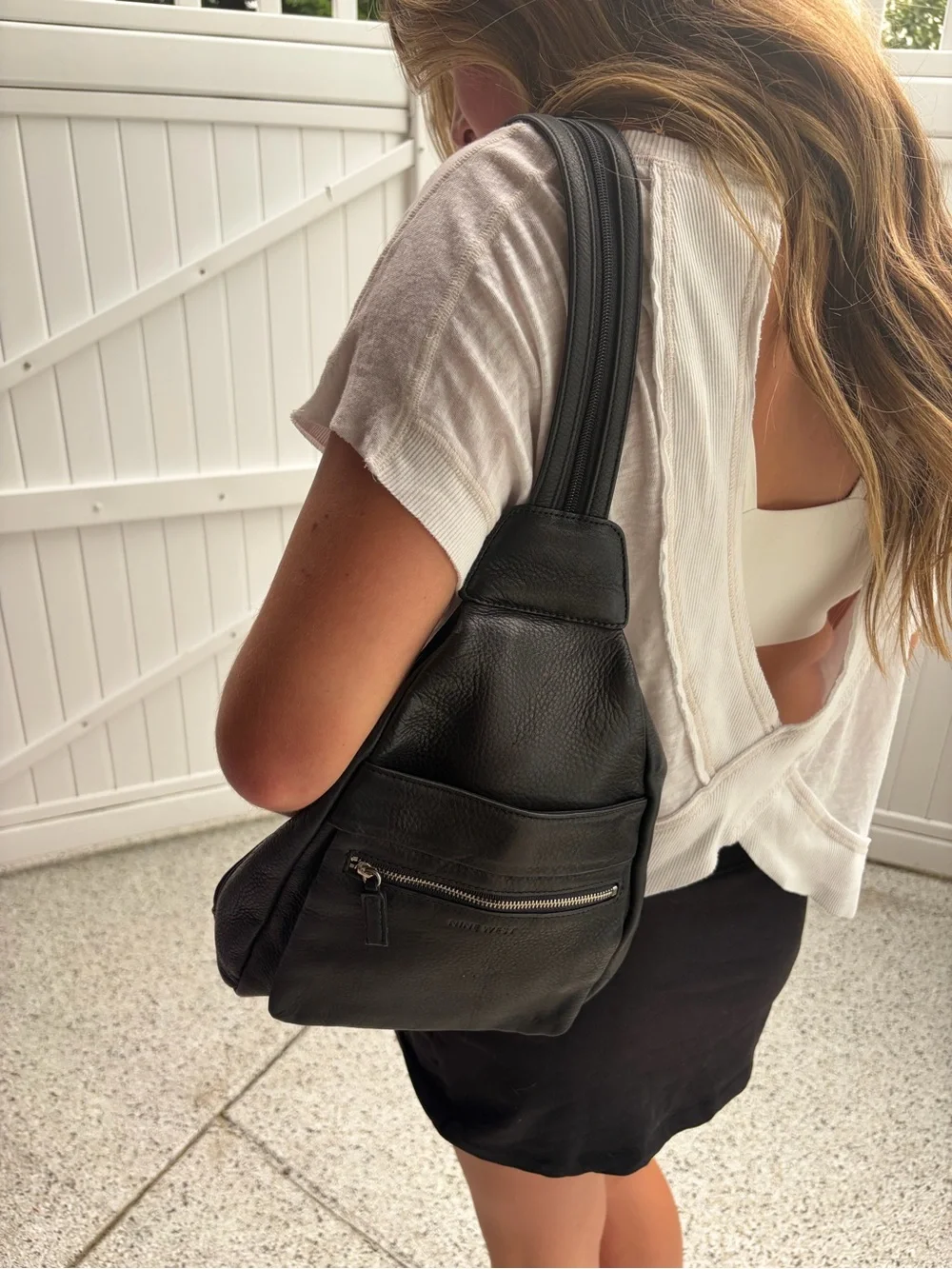 Nine West Black Genuine Leather Sling Backpack Crossbody Bag y2k gorpcore